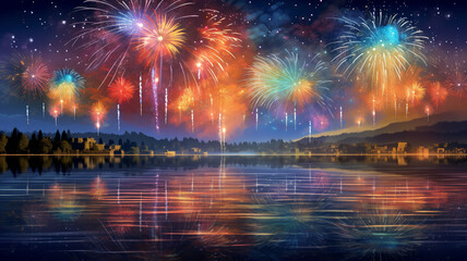 Spectacular fireworks display reflecting on lake during festive celebration.