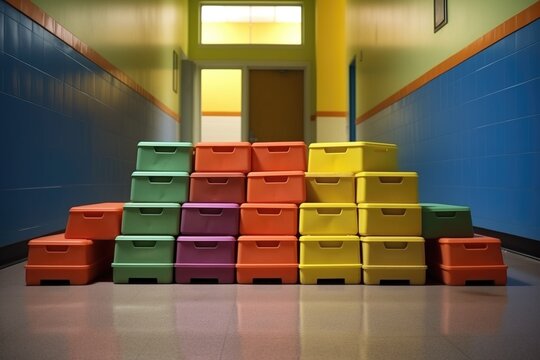 aerobic steps stacked neatly in the corner of a gym