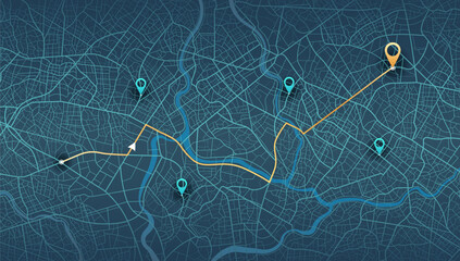 Abstract transportation background with POI. Transportation-related designs, promotional materials. Establishments, gas stations, parks, restaurants. Streets, blocks, route for movement on the streets