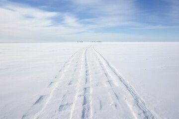 Fototapeta na wymiar snowmobile tracks in a snowy plain, as seen from a distance