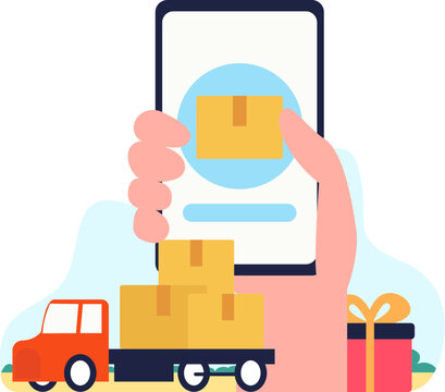 illustration of a big hand holding a smartphone. Inside the smartphone there is a photo package. Packages will be sent to buyers who order via the online application on their smartphone