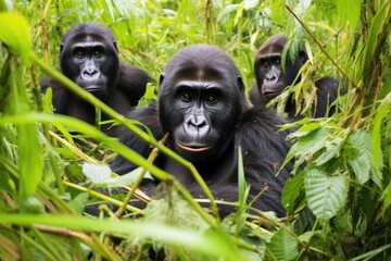 Fototapeta premium a trio of mountain gorillas in a protected habitat