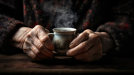 Fototapeta na wymiar Hands of an old woman with a mug of tea