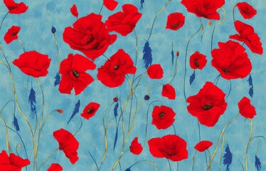 Red poppies on blue background Remembrance Day Armisti