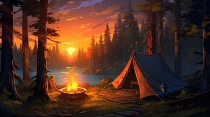 Relax hiking and camping scenery with bonfire and tent in beautiful nature deep wild forest at sunset, and wood fire burning lonely but cozy emotional atmosphere. People rest outdoor. Fun journey trip - obrazy, fototapety, plakaty