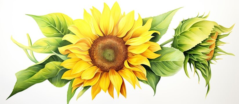 Yellow water color paint sunflower with green leaf white background. AI generated