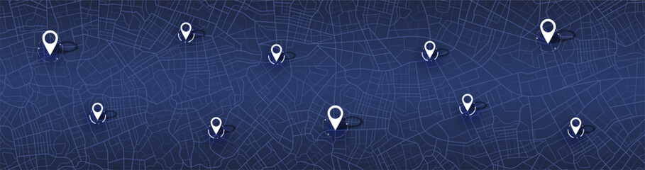Gps tracking map, streets and blocks, route. Track navigation pins on street maps, navigate mapping technology and locate position pin. Futuristic travel gps map or location navigator vector