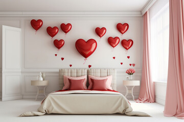 Valentines day decorations in bedroom with red heart, balloons and flowers. Modern interior. 