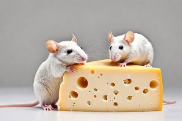 Fototapeta premium Funny mice sitting on a piece of cheese.