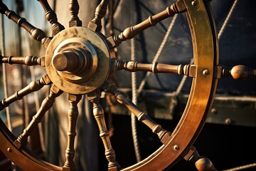 a detail view of a ships wheel on a sailing boat