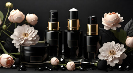 Obraz na płótnie Canvas Golden and Black cosmetics set beside flowers