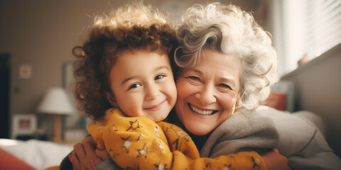 Grandchild and grandmother sitting and hugging indoors. Concept of family relation. - obrazy, fototapety, plakaty