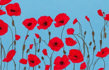 Red poppies on blue background Remembrance Day Armisti