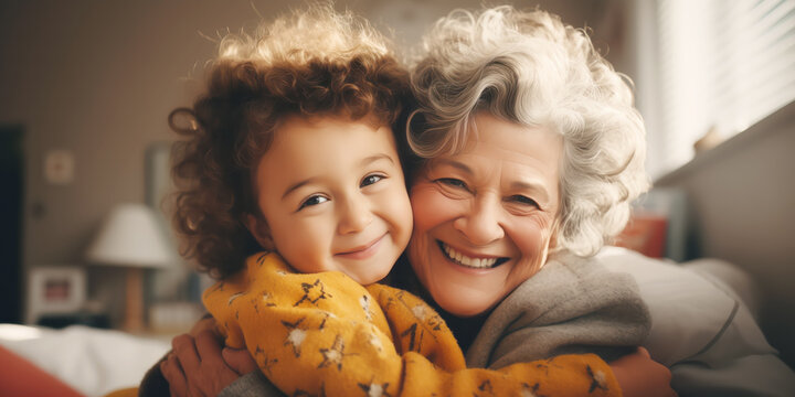 Grandchild And Grandmother Sitting And Hugging Indoors. Concept Of Family Relation.