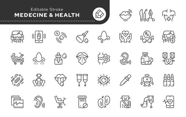 Line icon set. Medшcine, healthcare, medical health. A series of contour web icons in a linear style for an application and a website. Outline iconography. Vector illustration.