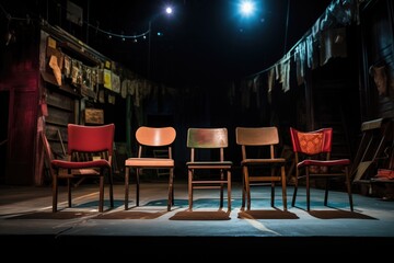 folded chairs behind a stage line - obrazy, fototapety, plakaty