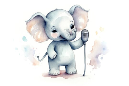 cartoon watercolor elephant character with microphone on white background