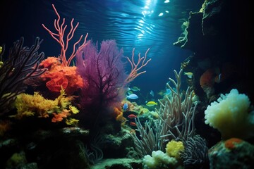 variety of colorful marine plants seen under submarine lighting
