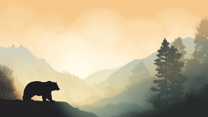 Silhouette of bear climb up hill. Tree in front, muntains and forest in background