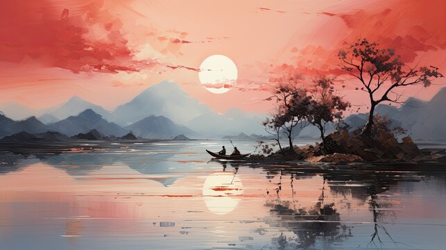 Watercolors of landscapes, temples.