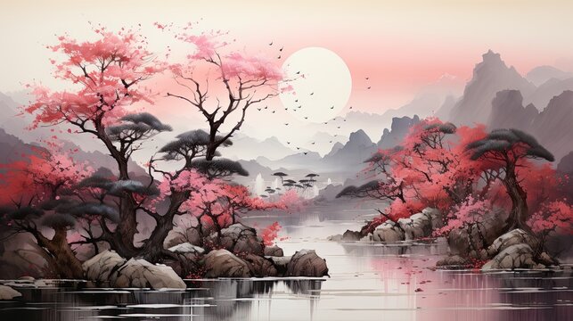 Watercolors of landscapes, temples.