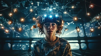 A teenager wearing a brain-computer interface device with electrodes, illustrating the fusion of technology and the human mind.