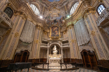 GENOA, ITALY, OCTOBER 14. 2023 -  The altar of the oratory of St. Philip (San Filippo) in the historic center of Genoa, Italy