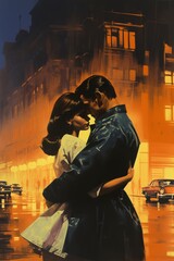 Romantic couple, man and woman, embracing in a city street, at night, rainy weather, fog. Illustration, poster in the style of 1960