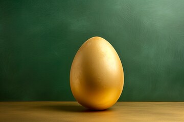 Gold egg standing on floor, green creamy smooth clay textured wall. Concept of preparing Easter, minimalistic background for spring banner.