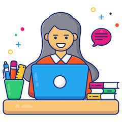 A colored design icon of laptop user

