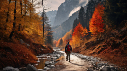 Hiker walking on pathway between autumn trees in mountains