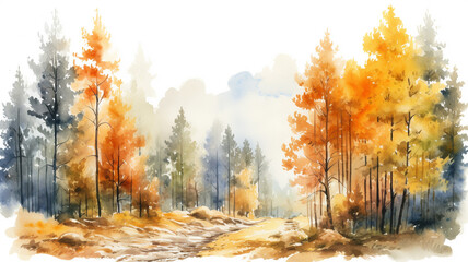 Beautiful autumn forest landscape. forest in autumn season, watercolor style