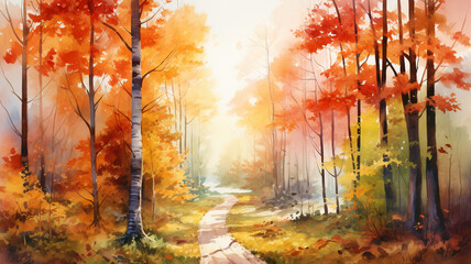 Obraz na płótnie Canvas Beautiful autumn forest landscape. forest in autumn season, watercolor style