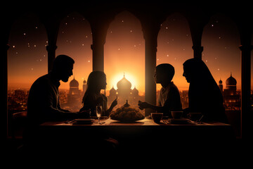 The silhouette of a family sitting around a table, breaking their fast together at Iftar © Marc Elias