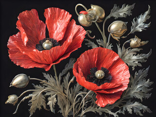 Red poppies on a black background. Watercolor illustration.
