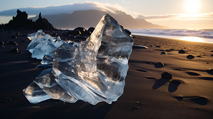 Ice pieces on black sand beach against mountains