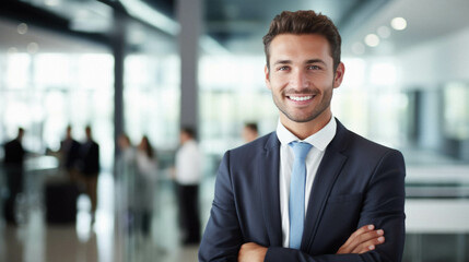 Smiling businessman in modern office.