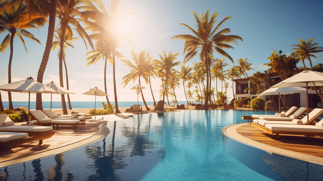 Idyllic resort with beachfront pool sun loungers