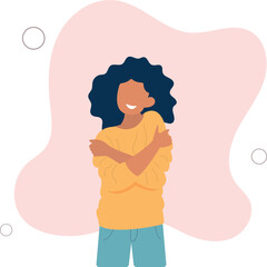 Self love concept, woman hugging herself,flat vector illustration.