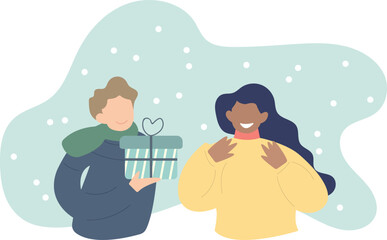 Christmas presents concept. Man giving a present to a woman.flat vector illustration.