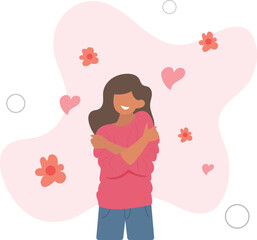 Self love concept, woman hugging herself,flat vector illustration.cuteness concept