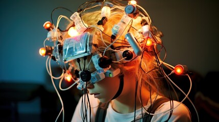 A teenager wearing a brain-computer interface device with electrodes, deeply engaged in a virtual reality game, highlighting the integration of technology with the human mind.