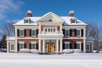 snow-covered georgian mansion with classic pediment - obrazy, fototapety, plakaty