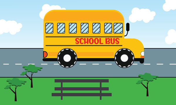 School bus Vector. school bus in street. Vector flat illustration.