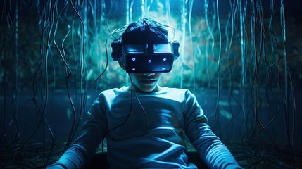 A teenager wearing a brain-computer interface device with electrodes, deeply engaged in a virtual reality game, highlighting the integration of technology with the human mind.