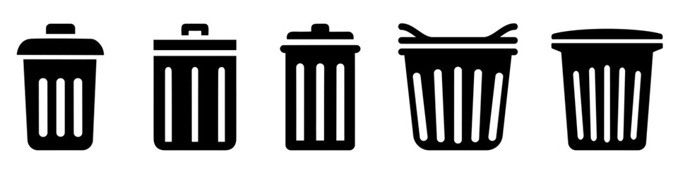 Trash bin icons set. Black and white trash bin sign.