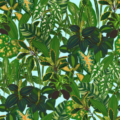 Green Tropical Plants. Decorative seamless pattern. Repeating background. Tileable wallpaper print.