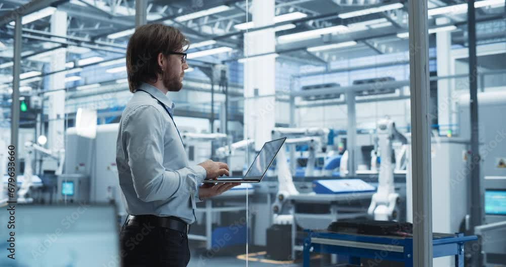Poster Factory Manager Working on Laptop at a Futuristic Industrial Manufacture with Autonomous Support Robots. Specialist Monitoring Technical Data on a Computer, Analyzing Reports and Planning Updates