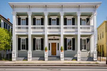 greek revival building with a series of pilasters along the frontage - obrazy, fototapety, plakaty