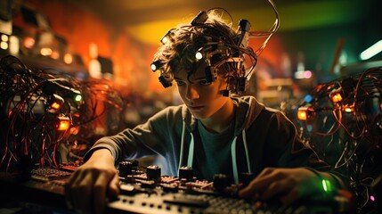 A teenager immersed in a virtual reality game, wearing a brain-computer interface with electrodes, showcasing the convergence of technology and the human mind. - obrazy, fototapety, plakaty